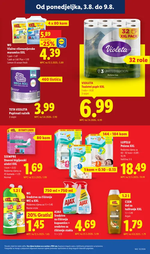Lidl katalog — stranica 21: W5 W5 Vlažne višenamjenske maramice XXL, AJAX AJAX Sredstvo za čišćenje kupaonice + sredstvo za čišćenje stakla, SIEMPRE SIEMPRE Dnevni higijenski ulošci XXL, W5 W5 Sredstvo za čišćenje WC-a XXL (vrijedi 03. 08. 2026.–09. 08. 2026.)