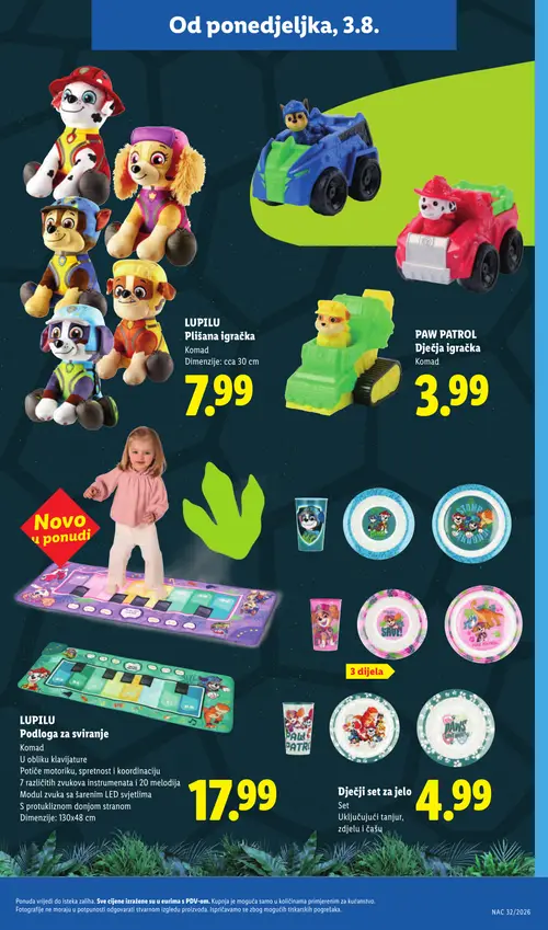 Lidl katalog — stranica 29: LUPILU Plišana igračka, PAW PATROL PAW PATROL Dječja igračke, LUPILU Podloga za sviranje, Dječji set za jelo (vrijedi 03. 08. 2026.–09. 08. 2026.)