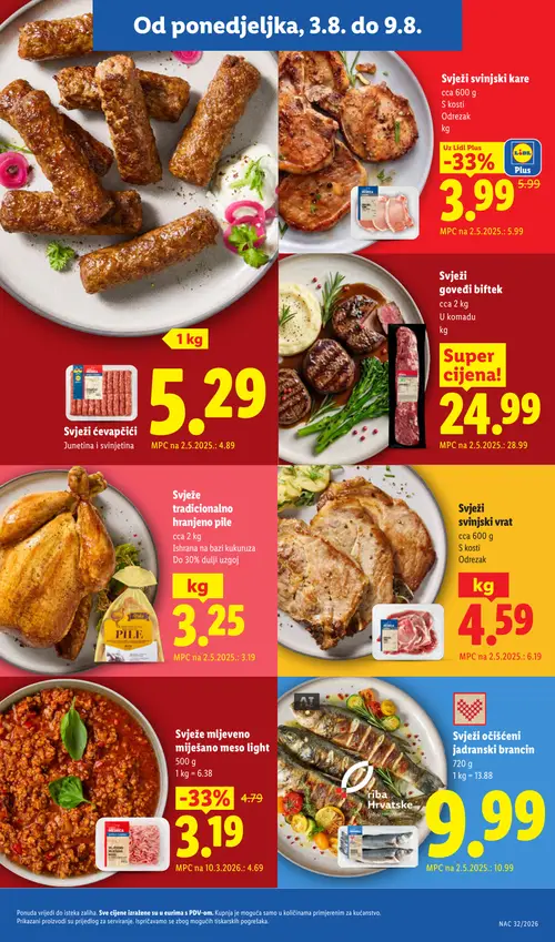 Lidl katalog — stranica 3: Svježi svinjski kare, Svježe mljeveno miješano meso light, Svježi svinjski vrat, Svježi goveđi biftek (vrijedi 03. 08. 2026.–09. 08. 2026.)