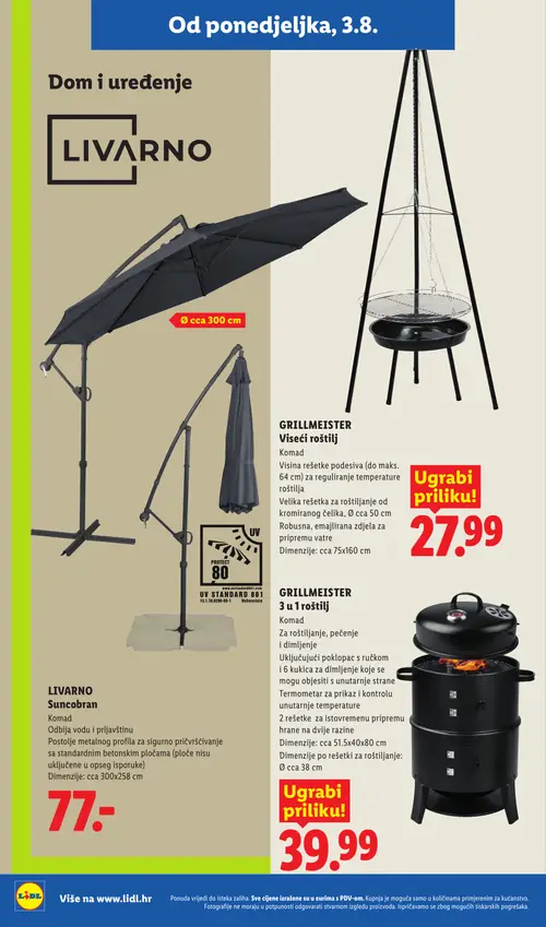 Lidl katalog — stranica 32: GRILLMEISTER GRILLMEISTER Viseći roštilj, LIVARNO LIVARNO Suncobran, GRILLMEISTER GRILLMEISTER 3 u 1 roštilj (vrijedi 03. 08. 2026.–09. 08. 2026.)