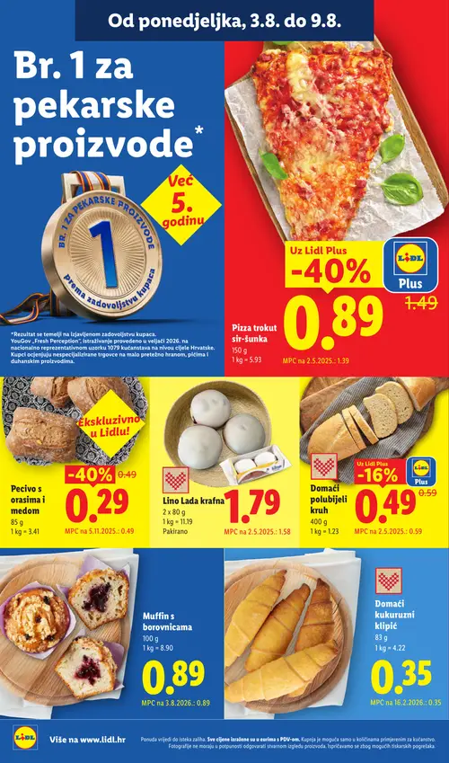 Lidl katalog — stranica 4: Pecivo s orasima i medom, Pizza trokut sir-šunka, Domaći polubijeli kruh (vrijedi 03. 08. 2026.–09. 08. 2026.)