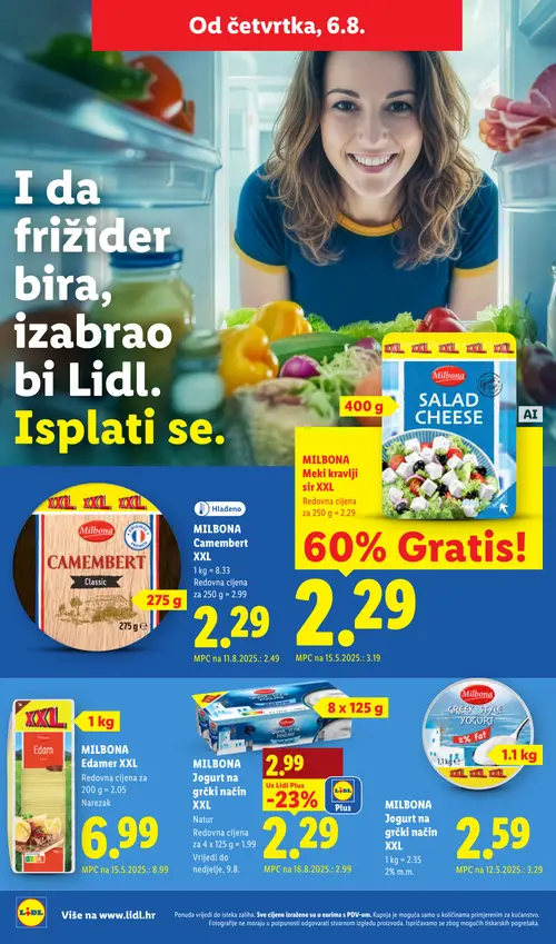 Lidl katalog — stranica 52: Milbona MILBONA Jogurt na grčki način XXL Natur, Milbona MILBONA Edamer XXL narezak, Milbona MILBONA Jogurt na grčki način XXL, Milbona MILBONA Camembert Classic XXL (vrijedi 03. 08. 2026.–09. 08. 2026.)