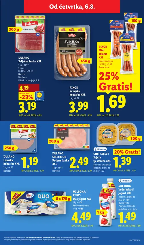 Lidl katalog — stranica 53: DULANO DULANO Seljačka šunka XXL, DULANO DULANO SELECTION Pečena šunka XXL, MILBONA MILBONA Voćni tekući jogurt XXL, DULANO DULANO Lionska kobasica XXL (vrijedi 03. 08. 2026.–09. 08. 2026.)