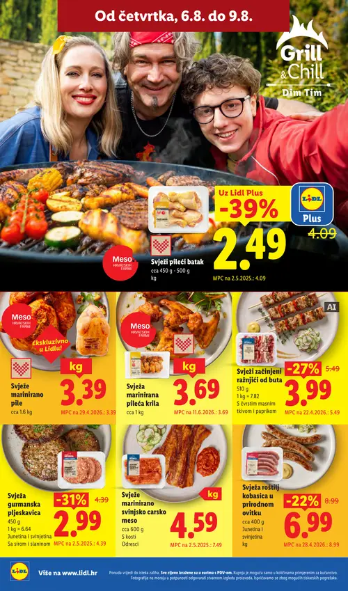 Lidl katalog — stranica 56: Svježi pileći batak, Svježe marinirano svinjsko carsko meso, Svježa gurmanska pljeskavica, Svježi začinjeni ražnjići od buta (vrijedi 03. 08. 2026.–09. 08. 2026.)