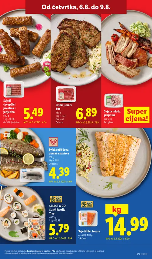 Lidl katalog — stranica 57: SELECT & GO Sushi Family Tray, Svježi filet lososa, Svježa očišćena domaća pastrva, Svježi juneći but (vrijedi 03. 08. 2026.–09. 08. 2026.)