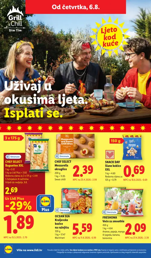 Lidl katalog — stranica 58: CHEF SELECT CHEF SELECT Mozzarella okruglice, OCEAN SEA OCEAN SEA Kraljevske kozice na ražnjiću, SNACK DAY SNACK DAY Slane kokice XXL, FRESHONA FRESHONA Voće za smoothie (vrijedi 03. 08. 2026.–09. 08. 2026.)