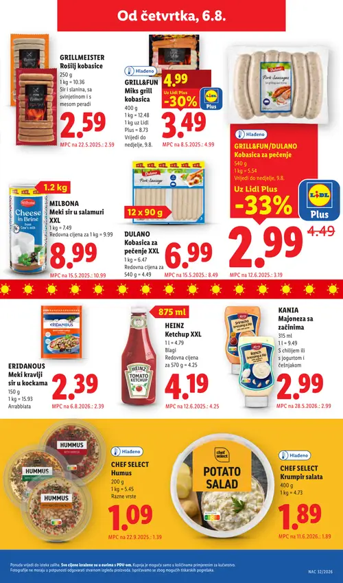 Lidl katalog — stranica 59: GRILL&FUN/DULANO GRILL&FUN/DULANO Kobasica za pečenje, GRILL&FUN GRILL&FUN Miks grill kobasica, CHEF SELECT CHEF SELECT Hummus, MILBONA MILBONA Meki sir u salamuri XXL (vrijedi 03. 08. 2026.–09. 08. 2026.)