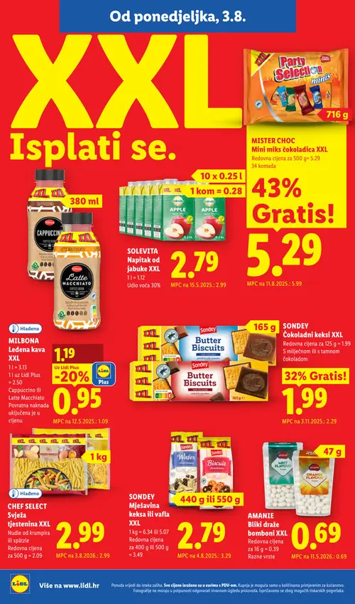 Lidl katalog — stranica 6: SONDEY Sondey Mješavina keksa ili vafli XXL, SONDEY Sondey Čokoladni keksi XXL, MILBONA Cappuccino ili Latte Macchiato, MISTER CHOC Mister Choc Mini miks čokoladica XXL (vrijedi 03. 08. 2026.–09. 08. 2026.)