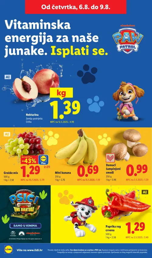 Lidl katalog — stranica 60: Nektarina, Grožđe mix, Paprika rog crvena, Mini banana (vrijedi 03. 08. 2026.–09. 08. 2026.)