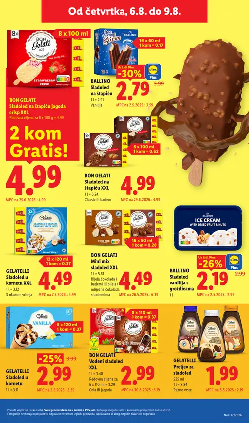 Lidl katalog — stranica 61: BALLINO BALLINO Sladoled na štapiću, BON GELATI BON GELATI Mini mix sladoled XXL, BALLINO BALLINO Sladoled vanilija s grožđicama, GELATELLI GELATELLI Sladoled u kornetu (vrijedi 03. 08. 2026.–09. 08. 2026.)