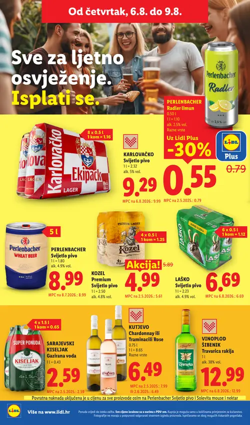Lidl katalog — stranica 62: Kutjevo KUTJEVO Chardonnay ili Traminacili Rose, Kozel KOZEL Premium Svijetlo pivo, KARLOVAČKO Svijetlo pivo (vrijedi 03. 08. 2026.–09. 08. 2026.)