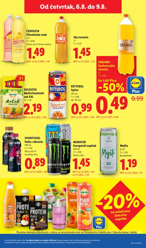 Lidl katalog — stranica 63: SPORTYFEEL SPORTYFEEL Voda s okusom, FREEWAY FREEWAY Gazirano piće naranča, SOLEVITA SOLEVITA Multivitaminski sok XXL, MONSTER MONSTER Energetski napitak (vrijedi 03. 08. 2026.–09. 08. 2026.)