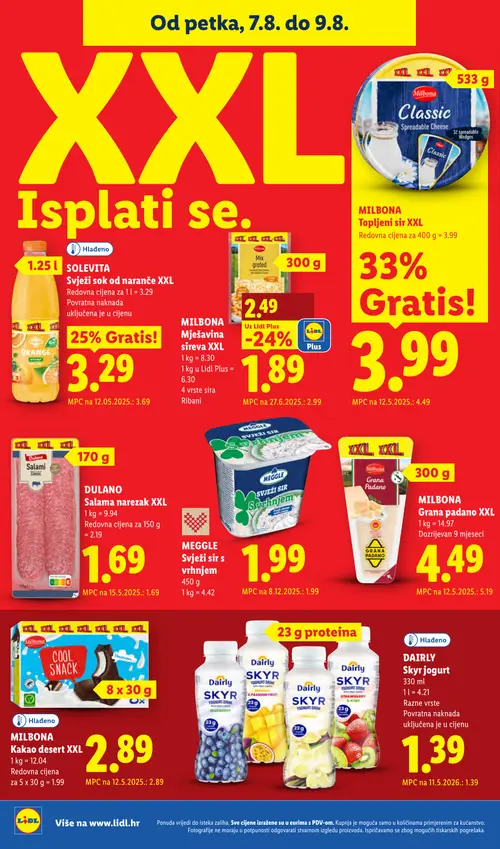 Lidl katalog — stranica 68: MILBONA MILBONA Mješavina sireva XXL, DULANO DULANO Salama narezak XXL, Milbona MILBONA Grana padano XXL, Milbona Milbona Classic Topljeni sir XXL (vrijedi 03. 08. 2026.–09. 08. 2026.)