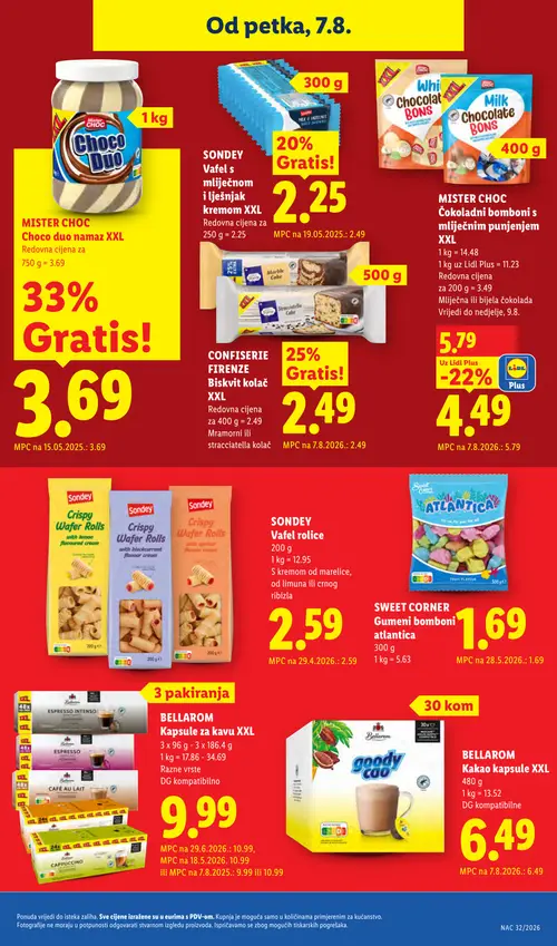 Lidl katalog — stranica 71: MISTER CHOC MISTER CHOC Čokoladni bomboni s mlijecnim punjenjem XXL, SONDEY SONDEY Vafel s mliječnom i lješnjak kremom XXL (vrijedi 03. 08. 2026.–09. 08. 2026.)