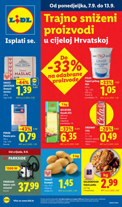 Lidl katalog — stranica 1: Domaći krumpir, OKUSI ZAVIČAJA Domaći maslac, PIKOK Pureća prsa, PILOS Jogurt grčkog tipa (vrijedi 07. 09. 2026.–13. 09. 2026.)