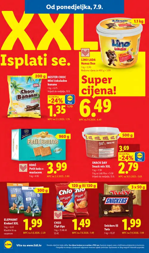 Lidl katalog — stranica 12: Mister Choc čokoladne banane mints, Snack Day Snack mix XXL, Elephant Krekari XXL klasični ili sa sezamom (vrijedi 07. 09. 2026.–13. 09. 2026.)