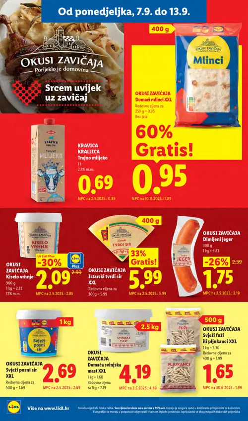 Lidl katalog — stranica 14: OKUSI ZAVIČAJA Dimljeni jeger, OKUSI ZAVIČAJA Kiselo vrhnje 12% m.m., KRAVIČICA KRALJICA MLIJEKO TRAJNO KRAVIČICA KRALJICA 2.8% m.m., OKUSI ZAVIČAJA Svježi fuži ili pljukanci XXL (vrijedi 07. 09. 2026.–13. 09. 2026.)