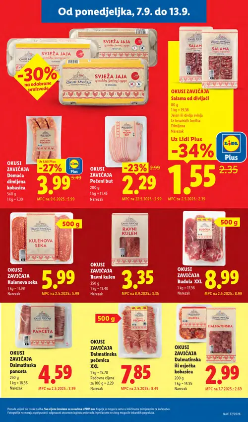 Lidl katalog — stranica 15: OKUSI ZAVIČAJA Salama od divljači, OKUSI ZAVIČAJA Domaća dimljena kobasica, OKUSI ZAVIČAJA SVJEŽA JAJA iz stalskog (podnog) uzgoja, OKUSI ZAVIČAJA Pečeni but (vrijedi 07. 09. 2026.–13. 09. 2026.)