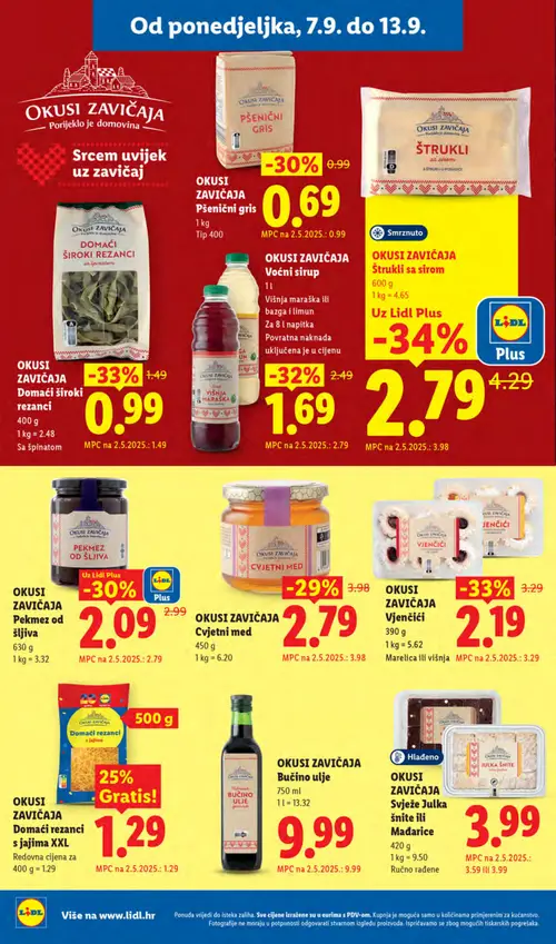 Lidl katalog — stranica 16: OKUSI ZAVIČAJA Štruklji sa sirom, OKUSI ZAVIČAJA Domaći široki rezanci sa špinatom, OKUSI ZAVIČAJA Vjenčići, OKUSI ZAVIČAJA Voćni sirup (vrijedi 07. 09. 2026.–13. 09. 2026.)