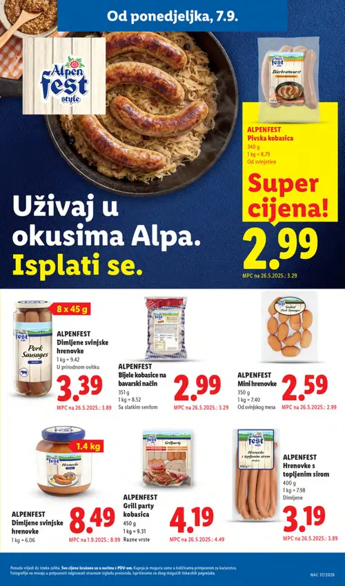 Lidl katalog — stranica 17: ALPENFEST Hrenovke s topljenim sirom, ALPENFEST Mini hrenovke, ALPENFEST Dimljene svinjske hrenovke, ALPENFEST Bijele kobasice na bavarski način (vrijedi 07. 09. 2026.–13. 09. 2026.)