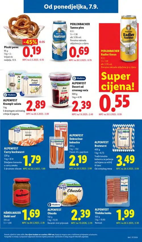 Lidl katalog — stranica 19: Pivski perec, HÄNDLMAIER Slatki senf, ALPENFEST Debreciner kobasice, ALPENFEST Tirolska šunka (vrijedi 07. 09. 2026.–13. 09. 2026.)