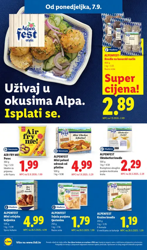 Lidl katalog — stranica 20: ALPENFEST Svježa punjena tjestenina, ALPENFEST Krušne knedle, ALPENFEST Mini pohani odrezak od piletine (vrijedi 07. 09. 2026.–13. 09. 2026.)