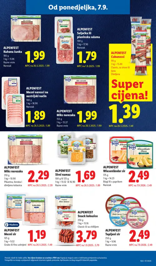 Lidl katalog — stranica 21: ALPENFEST Mesni sir, ALPENFEST Širni namaz, ALPENFEST Cabanossi, ALPENFEST Miks narezaka (vrijedi 07. 09. 2026.–13. 09. 2026.)
