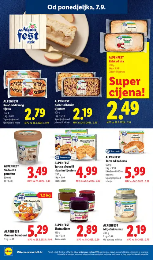 Lidl katalog — stranica 22: Alpenfest Mliječni namaz, Alpenfest Kolač s ribanim tijestom, Alpenfest Gumeni bomboni, Alpenfest Tortu od badema (vrijedi 07. 09. 2026.–13. 09. 2026.)