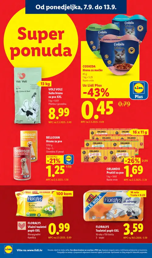 Lidl katalog — stranica 24: COSHIDA Hrana za mačke, ORLANDO Prutići za pse, BELLOSAN Hrana za pse, VOLI VOLI Hrana za pse (vrijedi 07. 09. 2026.–13. 09. 2026.)