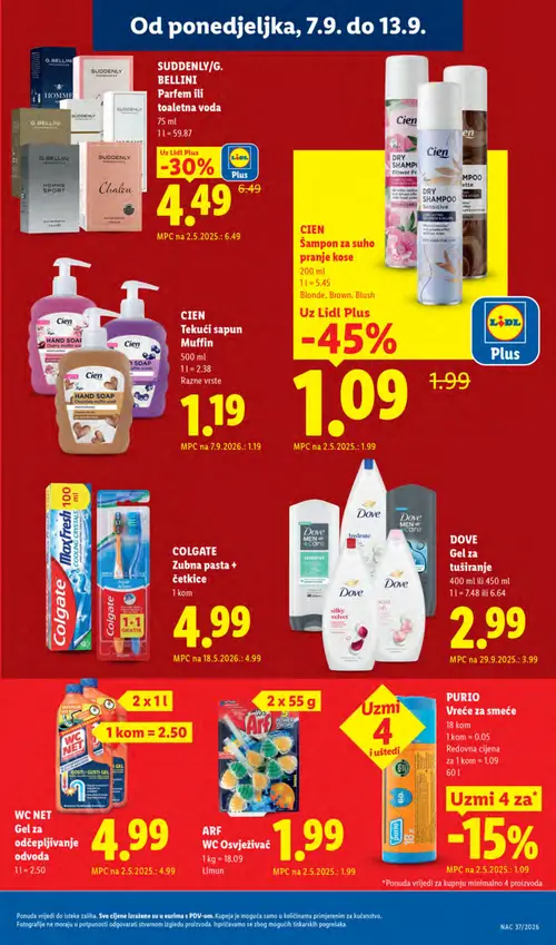 Lidl katalog — stranica 25: CIEN Šampon za suho pranje kose, SUDDENLY/G. BELLINI Parfem ili toaletna voda, DOVE Gel za tuširanje (vrijedi 07. 09. 2026.–13. 09. 2026.)
