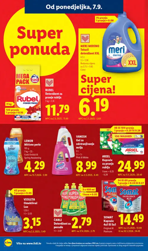 Lidl katalog — stranica 26: ARIEL Kapsule za pranje rublja, VIOLETA Omekšivač Lux, RUBEL Deterdžent za pranje rublja (vrijedi 07. 09. 2026.–13. 09. 2026.)