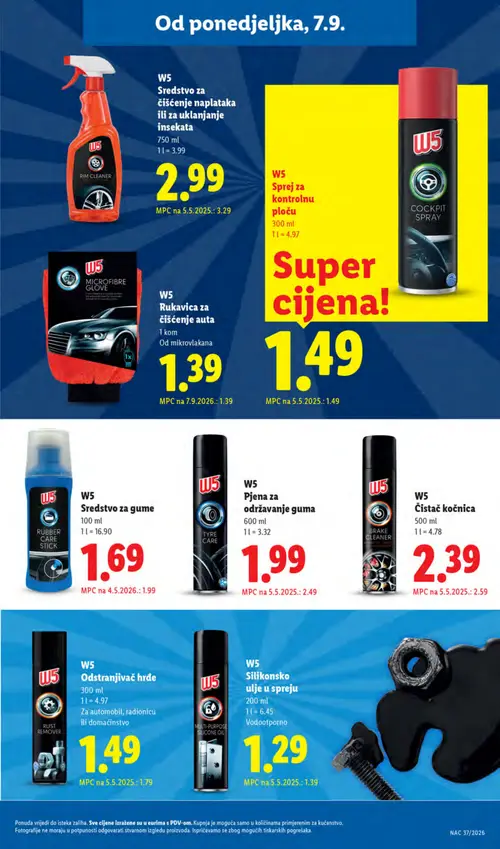 Lidl katalog — stranica 29: W5 PJENA za održavanje guma, W5 Odstranjivač hrđe, W5 Sredstvo za gume, W5 Čistač kočnica (vrijedi 07. 09. 2026.–13. 09. 2026.)
