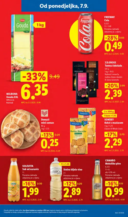 Lidl katalog — stranica 3: Milbona Gouda u kriškama, Freeway Cola, J.D.GROSS Tamna čokolada, Sondey Keksi s maslacem (vrijedi 07. 09. 2026.–13. 09. 2026.)