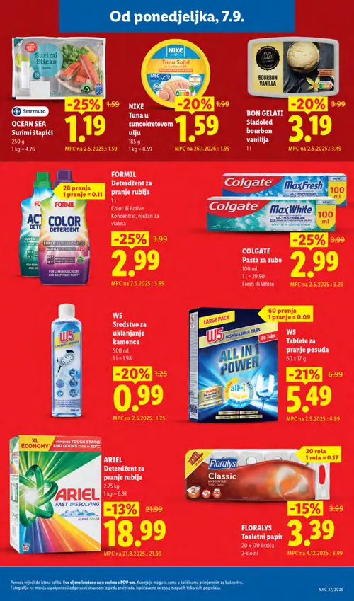 Lidl katalog — stranica 5: ARIEL Deterdzent za pranje rublja, OCEAN SEA Surimi štapići, FORMIL Deterdzent za pranje rublja, W5 Tablete za pranje posuđa (vrijedi 07. 09. 2026.–13. 09. 2026.)