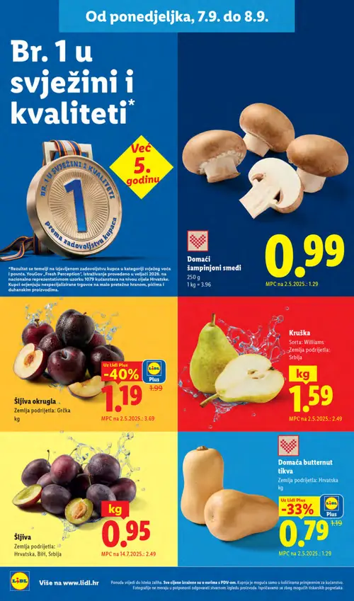 Lidl katalog — stranica 6: Šljiva, Šljiva okrugla, Kruška, Domaća butternut tikva (vrijedi 07. 09. 2026.–13. 09. 2026.)