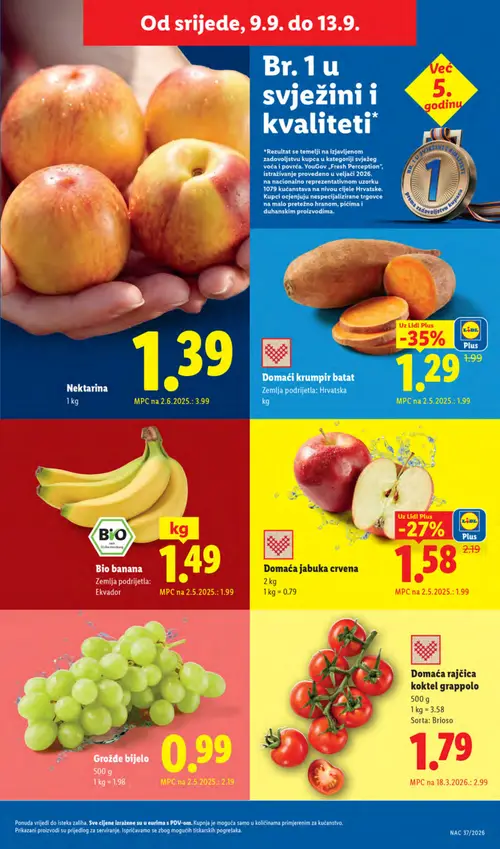 Lidl katalog — stranica 63: Domaća rajčica koktel grappolo, Domaći krumpir batat, Domaća jabuka crvena (vrijedi 07. 09. 2026.–13. 09. 2026.)