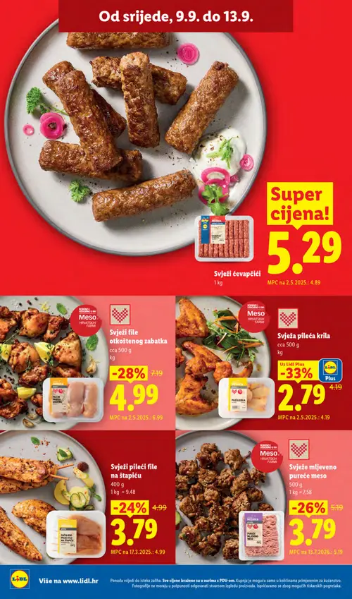 Lidl katalog — stranica 66: Svježa pileća krila, Svježi file pilećeg zabatka, Svježe mljeveno pureće meso, Začinjeni pileći file na štapiću (vrijedi 07. 09. 2026.–13. 09. 2026.)