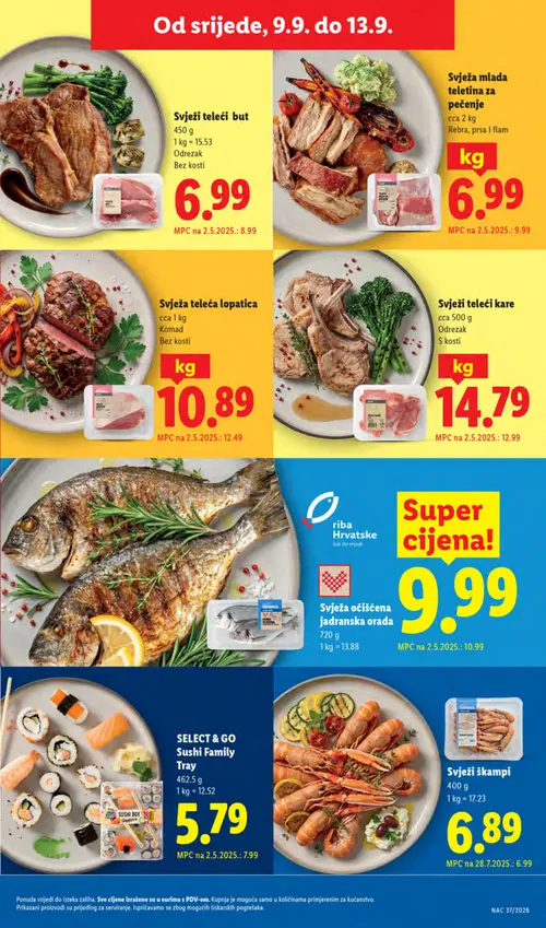Lidl katalog — stranica 67: Svježa mlada teletina za pečenje, LGO SELECT & GO SUSHI Family Tray, Svježi teleći but, Svježa teleća lopatica (vrijedi 07. 09. 2026.–13. 09. 2026.)