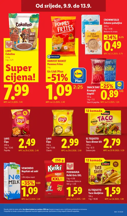 Lidl katalog — stranica 69: HARVEST BASKET Pommes Frites, VEMONDO Napitak od zobi, CROWNFIELD Zobene pahuljice, SNACK DAY Krompir štapići (vrijedi 07. 09. 2026.–13. 09. 2026.)