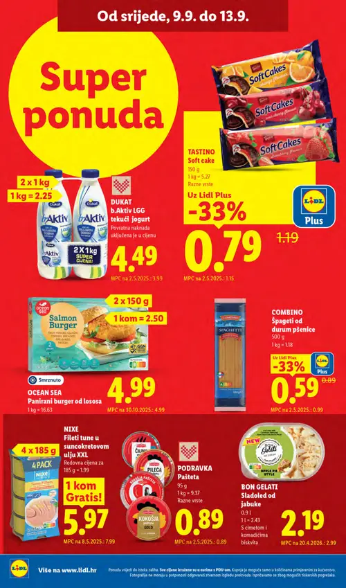 Lidl katalog — stranica 70: COMBINO Špageti od durum pšenice, Tastino Soft cake, BON GELATI Sladoled od jabuke, NIxE Fileti tune u suncokretovom ulju XXL (vrijedi 07. 09. 2026.–13. 09. 2026.)