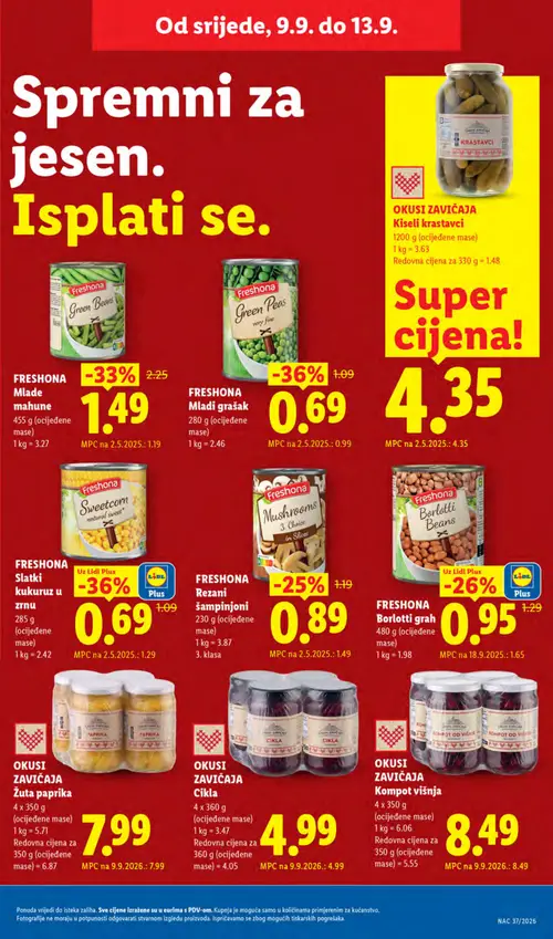 Lidl katalog — stranica 71: FRESHONA Mladi grašak, FRESHONA Slatki kukuruz u zrnu, FRESHONA Mlade mahune, FRESHONA Borlotti grah (vrijedi 07. 09. 2026.–13. 09. 2026.)