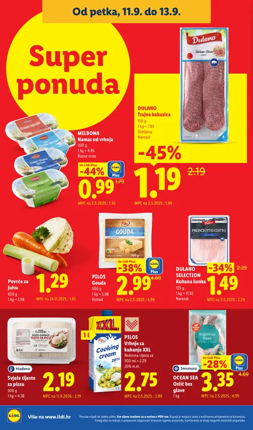 Lidl katalog — stranica 72: DULANO Trajna kobasica, MILBONA Namaz od vrhnja, PILOS Gouda, DULANO SELECTION Kuhana šunka (vrijedi 07. 09. 2026.–13. 09. 2026.)