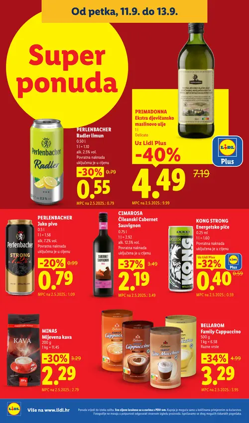 Lidl katalog — stranica 74: PRIMADONNA Ekstra djevičansko maslinovo ulje, CIMAROSA Čileanski Cabernet Sauvignon, BELLAROM Family Cappuccino, KONG STRONG Energetsko piće (vrijedi 07. 09. 2026.–13. 09. 2026.)