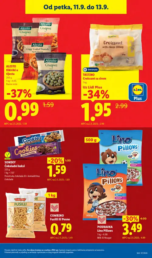 Lidl katalog — stranica 75: Combino Fusilli ili Penne, Alesto Ales to Kikiriki u tijestu, Tastino Croissant sa sirom, Podravka Lino Pillows (vrijedi 07. 09. 2026.–13. 09. 2026.)