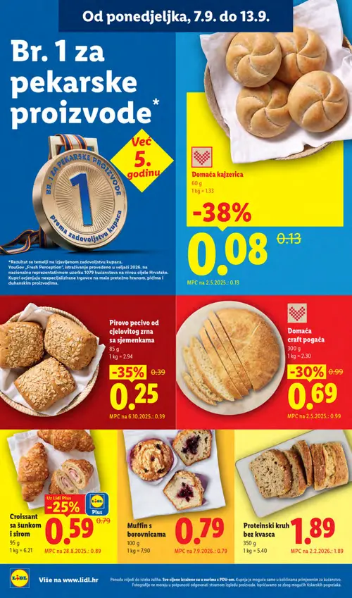 Lidl katalog — stranica 8: Domaća kajzerica, Pirovo pecivo od cjelovitog zrna sa sjemenkama, Domaća craft pogača, Lidl Plus Croissant sa šunkom i sirom (vrijedi 07. 09. 2026.–13. 09. 2026.)