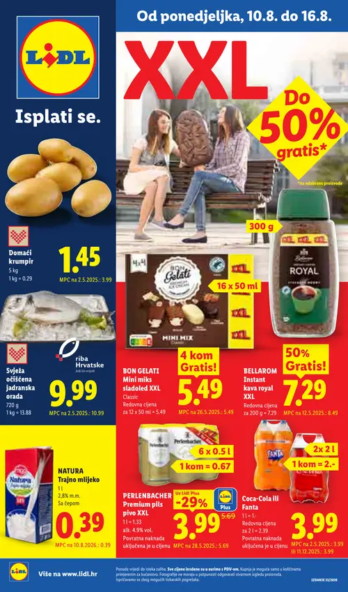 Lidl katalog — stranica 1: Domaći krumpir, PERLENBACHER Premium pils pivo XXL, BELLAROM Instant kava ROYAL XXL, Svježa očišćena jadranska orada (vrijedi 10. 08. 2026.–16. 08. 2026.)