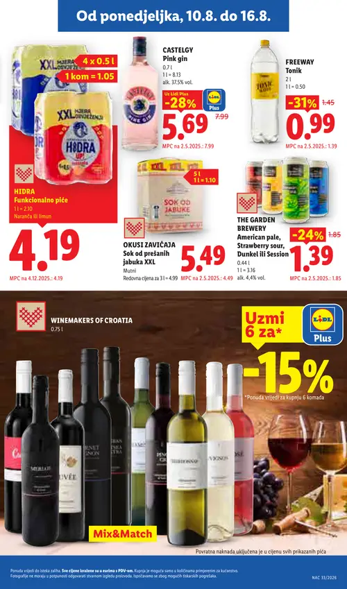 Lidl katalog — stranica 13: FREEWAY Tonik, CASTELGY Pink gin, THE GARDEN BREWERY American pale, Strawberry sour, Dunkel ili Session (vrijedi 10. 08. 2026.–16. 08. 2026.)