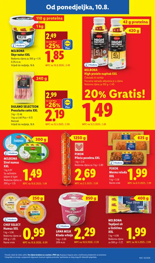Lidl katalog — stranica 15: MILBONA Topljeni sir u listićima XXL, CHEF SELECT Humus XXL, DULANO SELECTION Prosciutto cotto XXL, MILBONA Skyr natur XXL (vrijedi 10. 08. 2026.–16. 08. 2026.)