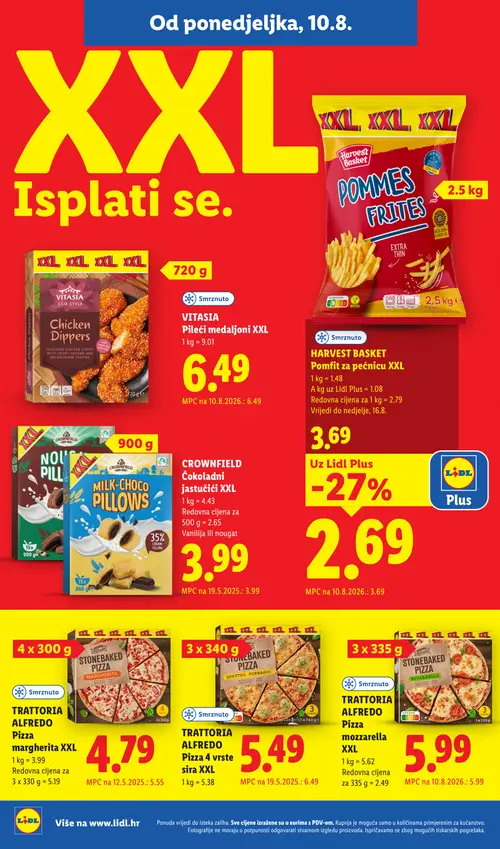 Lidl katalog — stranica 16: TRATTORIA ALFREDO Pizza 4 vrste sira XXL, TRATTORIA ALFREDO Pizza margherita XXL, TRATTORIA ALFREDO Pizza mozzarella XXL, CROWNFIELD Čokoladni jastučići XXL Vanilija ili nougat (vrijedi 10. 08. 2026.–16. 08. 2026.)