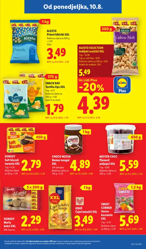Lidl katalog — stranica 17: Sondey Maria keksi XXL, Sondey Soft biscuit naranča XXL, Alesto prženi kikiriki XXL, Sweet Corner Voćne karamele XXL (vrijedi 10. 08. 2026.–16. 08. 2026.)